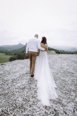 şık çift, güzel manzaralı dağ boyunca yürüyüş yeni evliler düğün