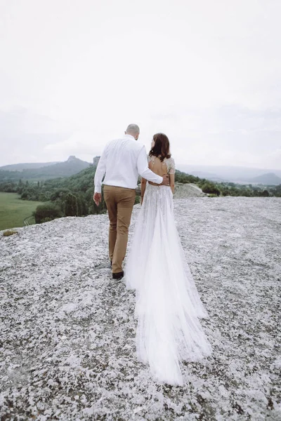 Ślub Stylowy Para Nowożeńcy Spaceru Wzdłuż Górskich Pięknym Widokiem — Zdjęcie stockowe