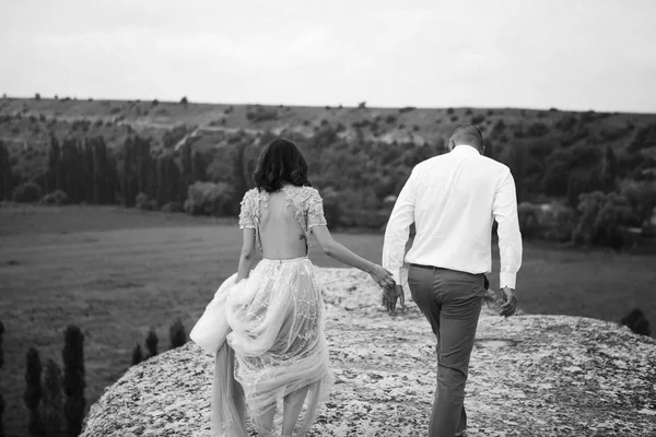 結婚式のおしゃれなカップル 新婚夫婦の美しい景色と山を歩いて — ストック写真