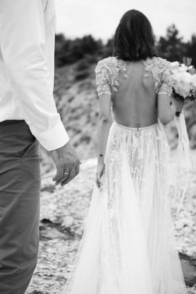 Wedding Stylish Couple Newlyweds Standing Backs Mountain Beautiful View — Stock Fotó