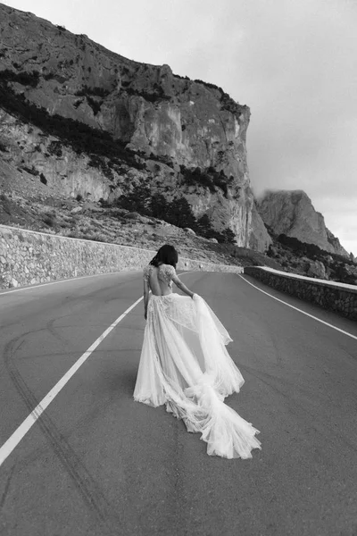 美しいビューに対して山道に沿って歩くウェディング ドレスでスタイリッシュな花嫁 — ストック写真