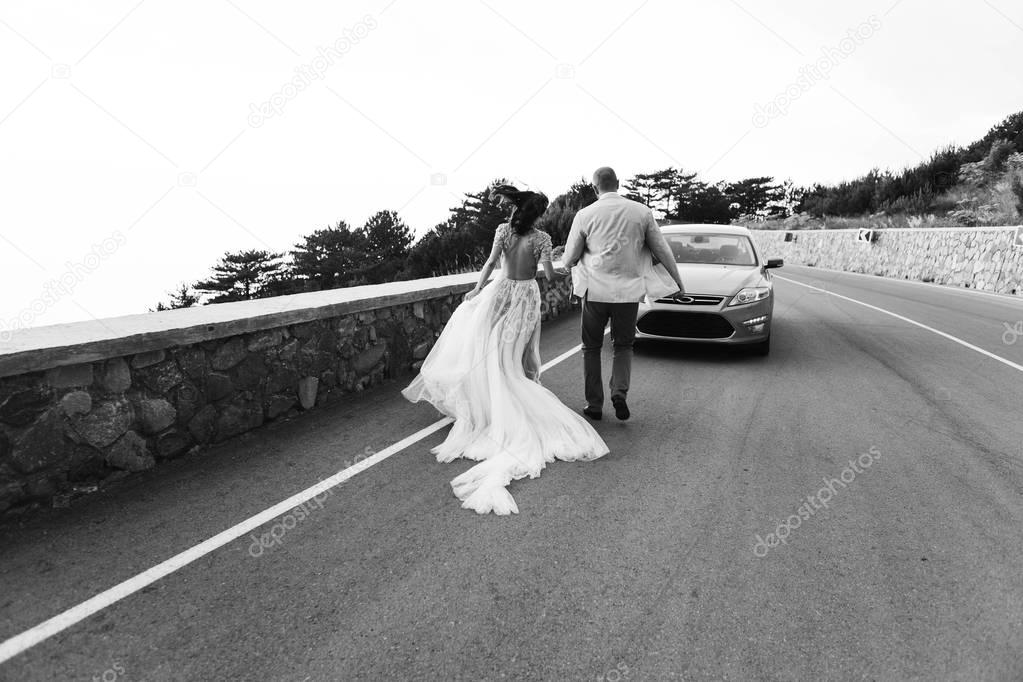 stylish wedding couple, newlyweds walking along a mountain road against a beautiful view