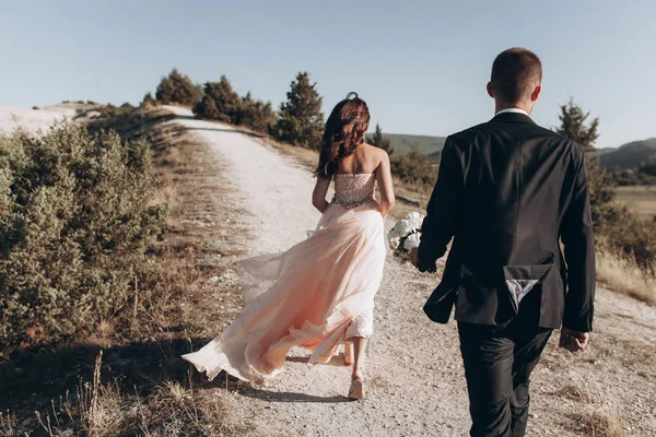 Hochzeitspaar Frischvermählte Fuß Auf Dem Rücken Mit Einem Schönen Blick — Stockfoto