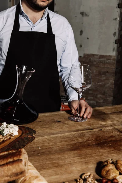Sommelier Black Apron Light Shirt Pours Red Wine Decanter Glass — Stock Photo, Image