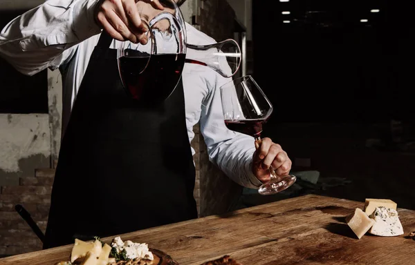 Sommelier Black Apron Light Shirt Pours Red Wine Decanter Glass — Stock Photo, Image