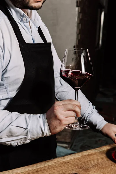 Sommelier Black Apron Light Shirt Holding Glass Red Wine — Stock Photo, Image