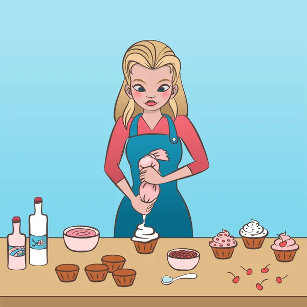 Ilustração Vetorial Uma Fêmea Avental Decorando Cupcake —  Vetores de Stock