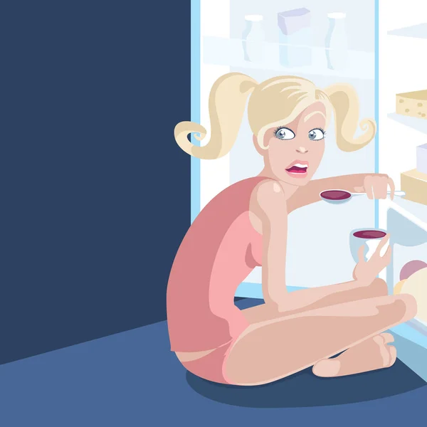 Vectorillustratie Van Een Blonde Vrouw Gevangen Eten Uit Koelkast Laat — Stockvector