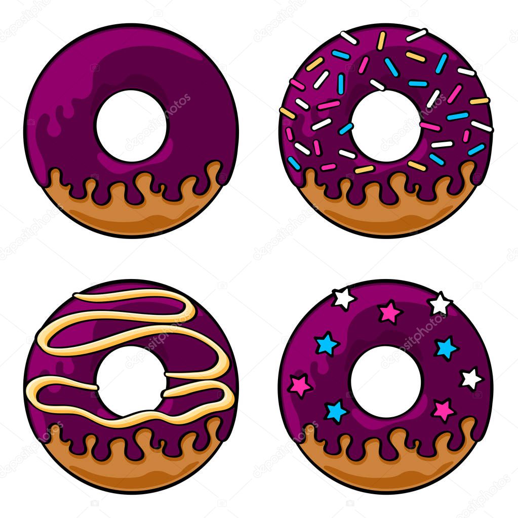 Set of four glazed donuts with icing and sprinkles. Coloured line art drawing. Vector graphics illustration. Editable vector shapes.