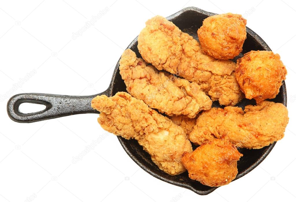 American Battered Chicken Tenders and Hush Puppies in Cast Iron 