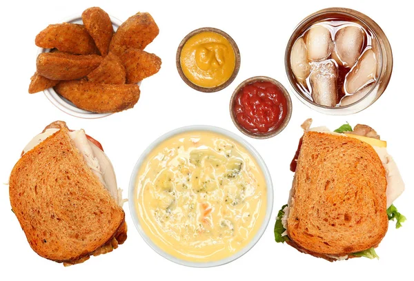 Turkey Club, Broccoli Soup, Potato Wedges and Iced Tea Meal — Stock Photo, Image