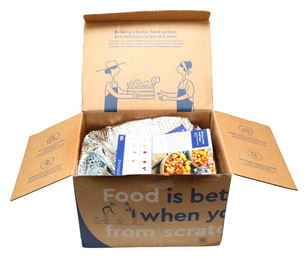 New York, February 3, 2017: A side of a Blue Apron cardboard sh
