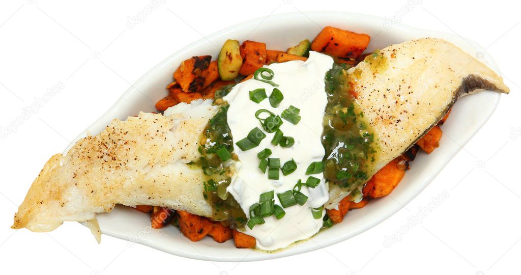 Cod with Tomitillo Salsa and Sweet Potato Hash
