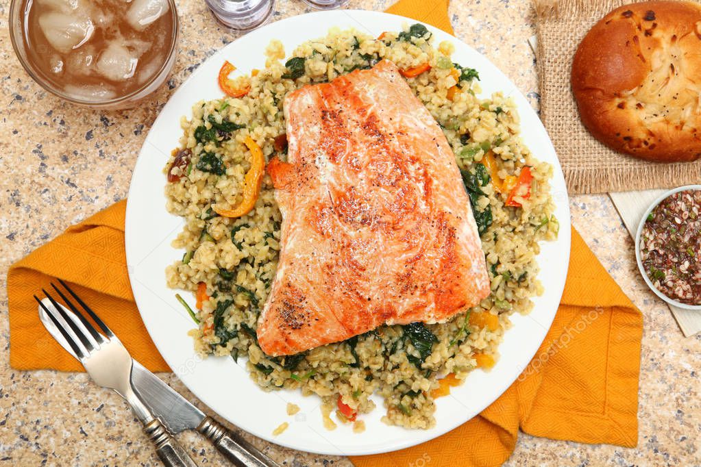 Salmon with Cracked Freekeh Salad and Salsa Verde