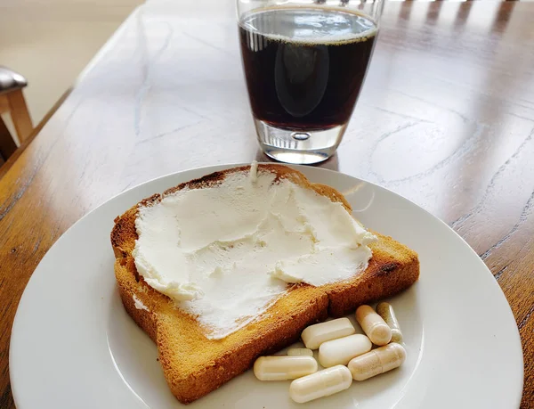 Toast Cream Cheese Cold Brew Black Coffee Vitamins Breakfast — Stock Photo, Image