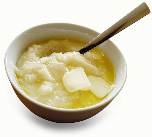 Bowl Buttery Grits Clipping Path White — Stock Photo, Image