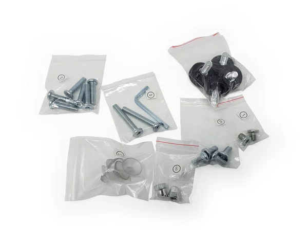 Bolts Nuts Fastners Screws White Clipping Path Seperated Plastic Bags — 스톡 사진