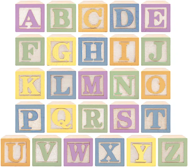 Selbe Ansicht Buchstaben Des Alphabets Holzblöcken Pastellrosa Blau Grün Orange — Stockfoto