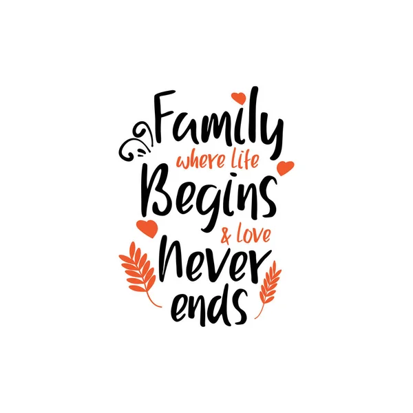 Familie citeert lettertypografie. Familie waar het leven begint en liefde nooit eindigt — Stockvector