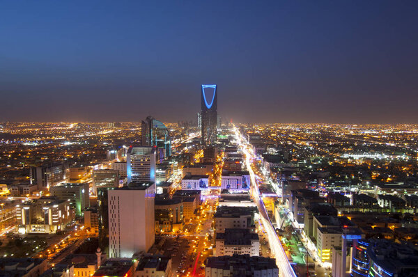 Riyadh skyline at night #1, Showing Olaya Street Metro Construction