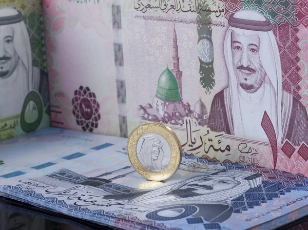Suudi Arabistan Riyali madeni para banknot üstünde duran Telifsiz Stok Imajlar