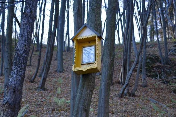 Icona religiosa cristiana su un albero nella foresta — Foto Stock