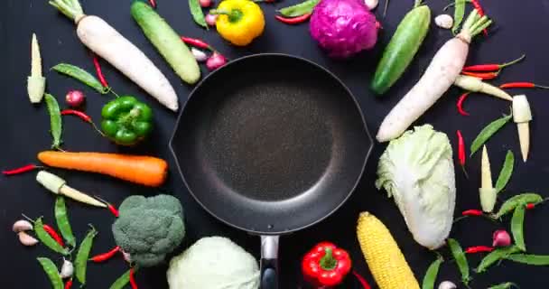 Stop Motion Top View Vegetables Wood Table Copy Space — Stock Video