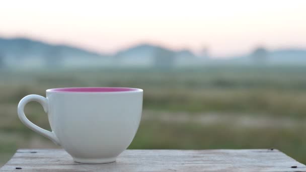 Time Lapse Lumière Soleil Sur Tasse Café Dans Heure Matin — Video