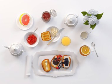 Çay, tost, tereyağ, suyu, reçel ve greyfurt beyaz izole kahvaltı. 3D çizim
