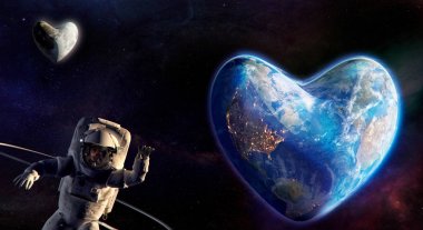 Dünya ve ay kalp ve sallayarak astronot şeklinde