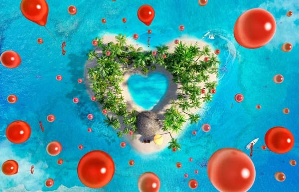 Τροπικός παράδεισος νησί με τη μορφή της καρδιάς με ιπτάμενα κόκκινα μπαλόνια, πτηνών μάτι θέα — Φωτογραφία Αρχείου