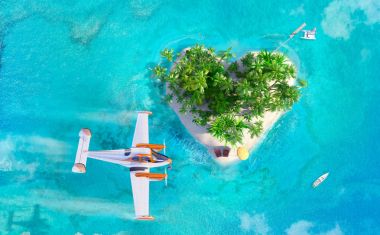 Tropik cennet ada kum, avuç içi, Resepsiyon sandalyeler ve uçan uçak, havadan görünümü