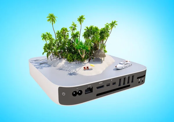 Tropical paradise island with sand, palms, desk chairs and yacht on TV box.