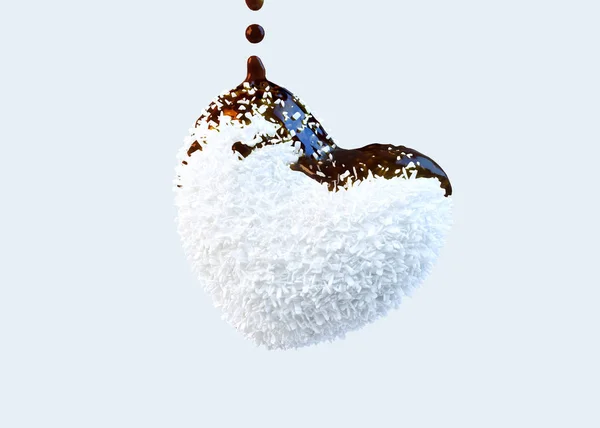 ハート形のココナッツ キャンディーズ カバー チョコレート シロップ、分離 — ストック写真