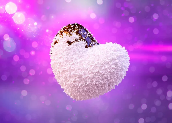 Kalp şeklinde Hindistan cevizi kaplı çikolata şurubu, Sevgililer günü arka plan şekerler — Stok fotoğraf