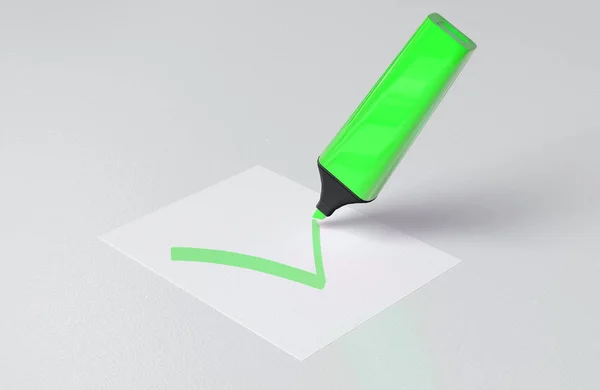 Evidenziatore segno di spunta di scrittura sul foglio bianco di carta. Illustrazione 3D — Foto Stock