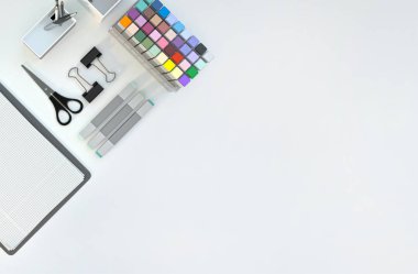 Beyaz renk arka plan üzerinde ayarla ileti örneği ile modern çalışma alanı. Üstten Görünüm. Düz yatıyordu. 3D çizim