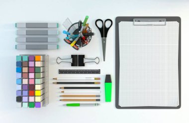 Beyaz renk arka plan üzerinde ayarla ileti örneği ile modern çalışma alanı. Üstten Görünüm. Düz yatıyordu. 3D çizim