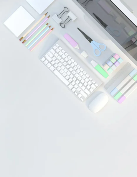 Modern workspace with stationery set on white color background. Top view. Flat lay. 3D illustration — Stock Photo, Image