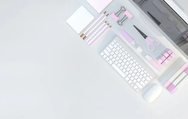 Moderne werkruimte met briefpapier instellen op witte kleur achtergrond. Bovenaanzicht. Flat lag. 3D illustratie — Stockfoto
