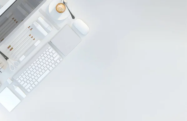 Espacio de trabajo moderno con papelería sobre fondo de color blanco. Vista superior. Acostado. Ilustración 3D —  Fotos de Stock
