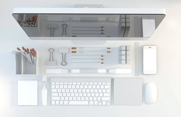 现代工作空间与电脑, 文具设置在白色的背景。顶部视图。平躺。3d 插图 — 图库照片