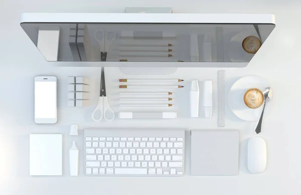 Modern workspace with computer, stationery set on white color background. Top view. Flat lay. 3D illustration — Stock Photo, Image