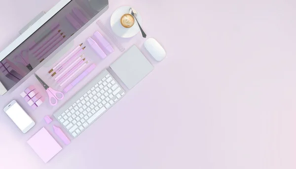 Modern workspace with computer and stationery set on pink color background. Top view. Flat lay. 3D illustration