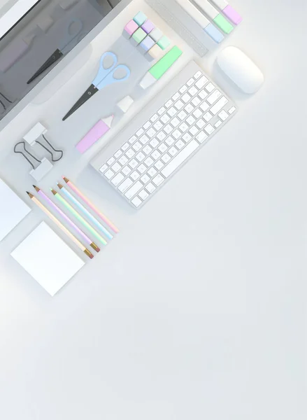 Modern workspace with stationery set on white color background. Top view. Flat lay. 3D illustration — Stock Photo, Image