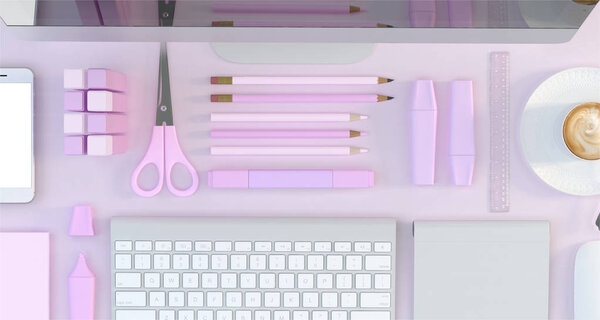 Современное рабочее пространство с компьютером и канцелярскими принадлежностями на розовом фоне. Вид сверху. Плоский лежал. 3D иллюстрация
