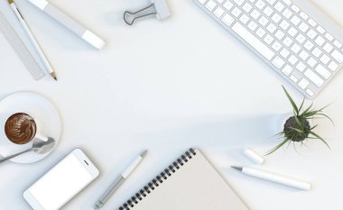 Office workspace bilgisayar klavye, kırtasiye seti, fincan kahve ve smartphone üstünde okul sırası ile. Üstten Görünüm. Düz yatıyordu. 3D çizim