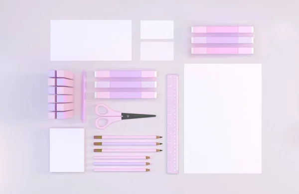 Espaço de trabalho moderno com artigos de papelaria no fundo cor-de-rosa. Vista superior. Deitado. Ilustração 3D — Fotografia de Stock
