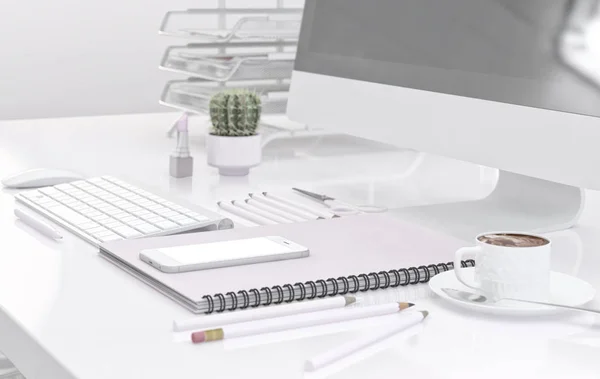 Biuro obszaru roboczego z klawiatury komputera, zestaw papeterii, filiżankę kawy i smartphone na biurku. ilustracja 3D — Zdjęcie stockowe