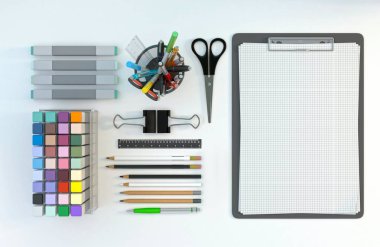 Beyaz renk arka plan üzerinde ayarla ileti örneği ile modern çalışma alanı. Üstten Görünüm. Düz yatıyordu. 3D çizim